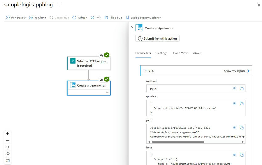 call data factory pipeline from logic app